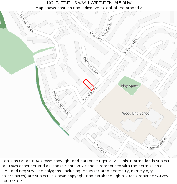 102, TUFFNELLS WAY, HARPENDEN, AL5 3HW: Location map and indicative extent of plot