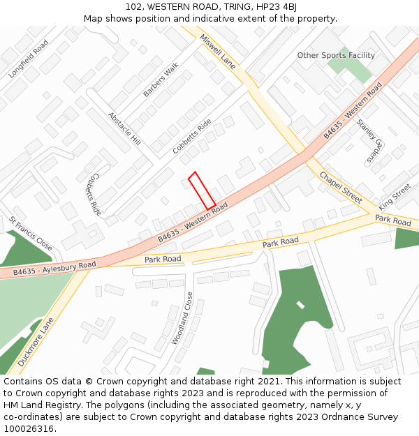 102, WESTERN ROAD, TRING, HP23 4BJ: Location map and indicative extent of plot