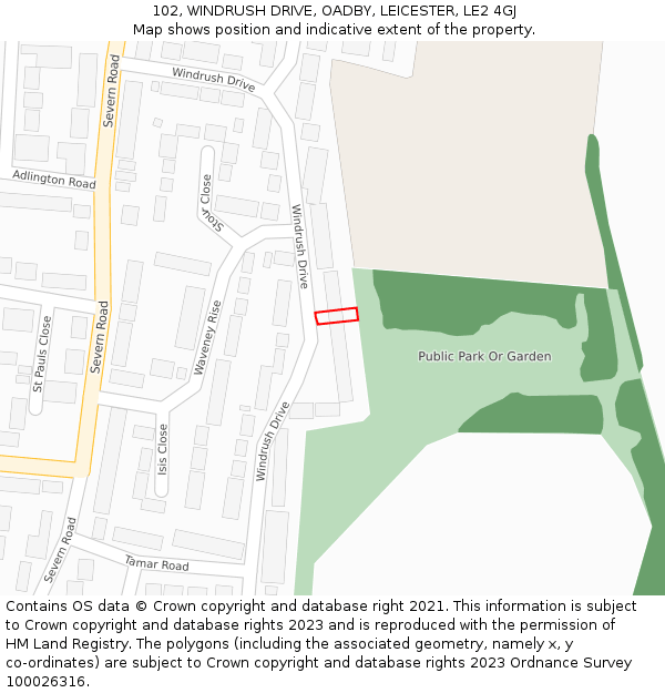 102, WINDRUSH DRIVE, OADBY, LEICESTER, LE2 4GJ: Location map and indicative extent of plot