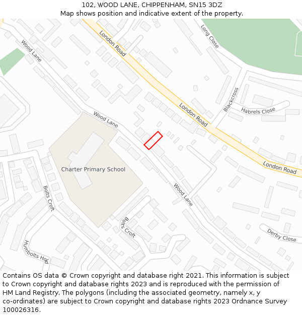 102, WOOD LANE, CHIPPENHAM, SN15 3DZ: Location map and indicative extent of plot