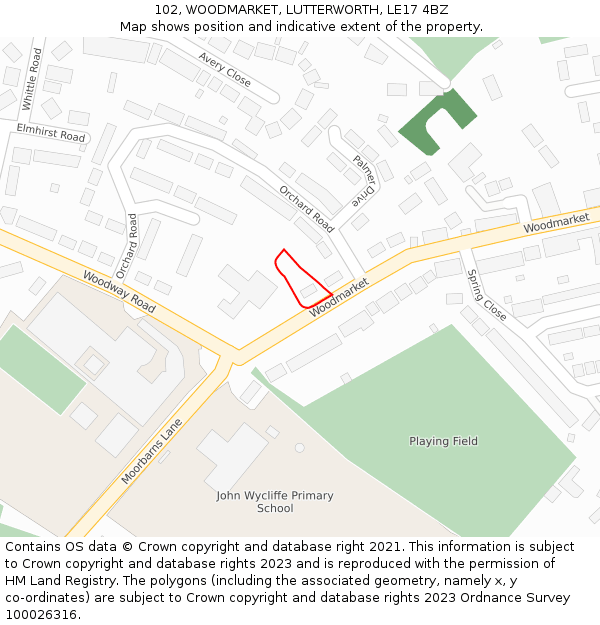 102, WOODMARKET, LUTTERWORTH, LE17 4BZ: Location map and indicative extent of plot