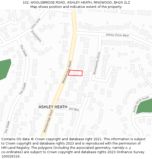 102, WOOLSBRIDGE ROAD, ASHLEY HEATH, RINGWOOD, BH24 2LZ: Location map and indicative extent of plot