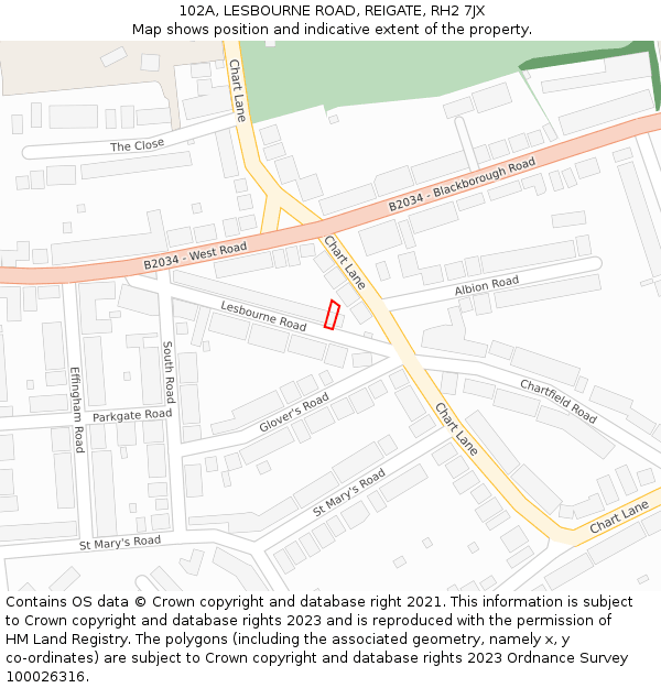 102A, LESBOURNE ROAD, REIGATE, RH2 7JX: Location map and indicative extent of plot