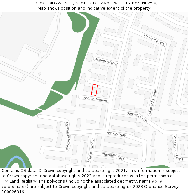 103, ACOMB AVENUE, SEATON DELAVAL, WHITLEY BAY, NE25 0JF: Location map and indicative extent of plot