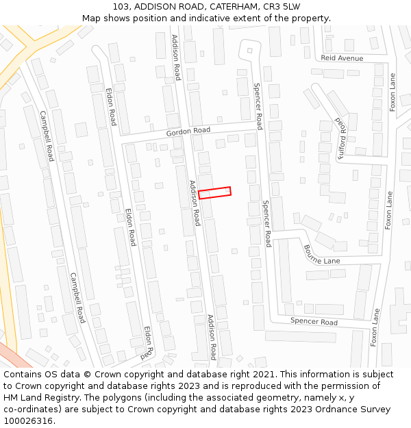 103, ADDISON ROAD, CATERHAM, CR3 5LW: Location map and indicative extent of plot