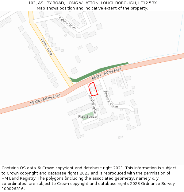 103, ASHBY ROAD, LONG WHATTON, LOUGHBOROUGH, LE12 5BX: Location map and indicative extent of plot