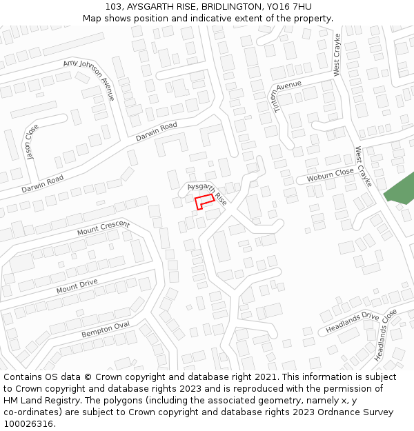 103, AYSGARTH RISE, BRIDLINGTON, YO16 7HU: Location map and indicative extent of plot