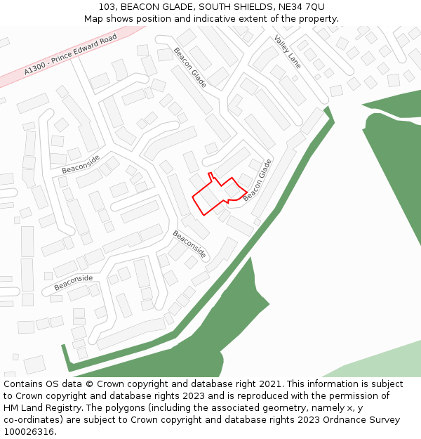 103, BEACON GLADE, SOUTH SHIELDS, NE34 7QU: Location map and indicative extent of plot