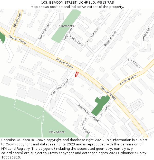 103, BEACON STREET, LICHFIELD, WS13 7AS: Location map and indicative extent of plot