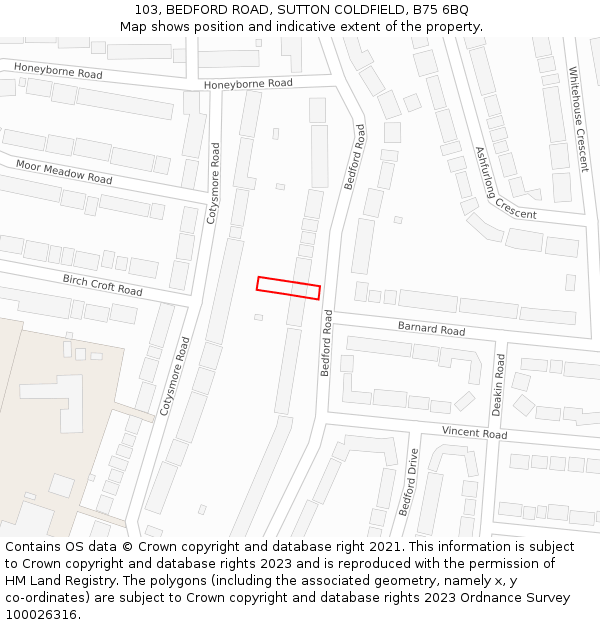 103, BEDFORD ROAD, SUTTON COLDFIELD, B75 6BQ: Location map and indicative extent of plot