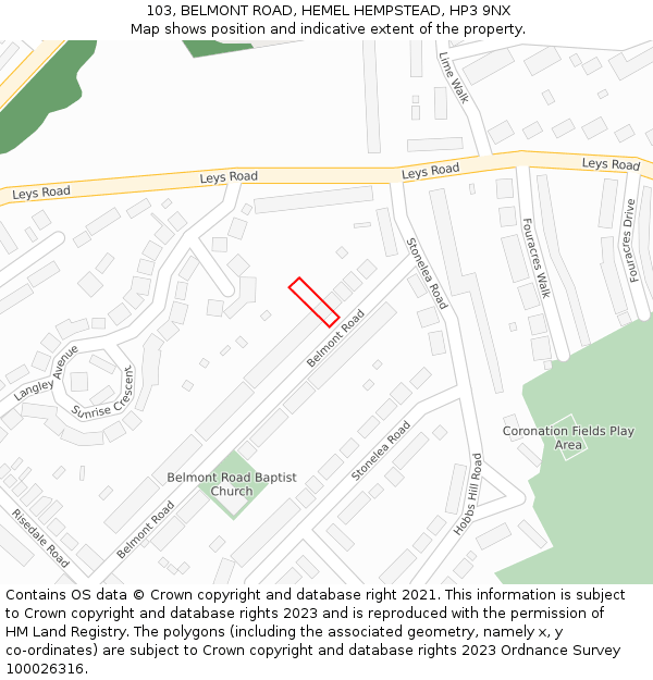 103, BELMONT ROAD, HEMEL HEMPSTEAD, HP3 9NX: Location map and indicative extent of plot