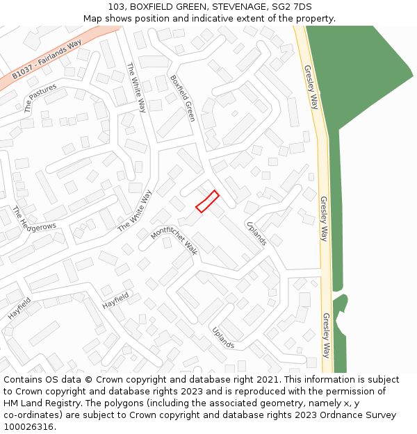 103, BOXFIELD GREEN, STEVENAGE, SG2 7DS: Location map and indicative extent of plot