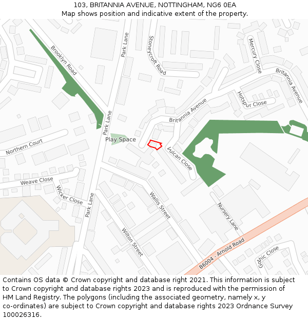 103, BRITANNIA AVENUE, NOTTINGHAM, NG6 0EA: Location map and indicative extent of plot