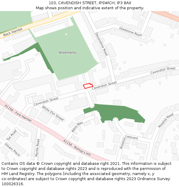 103, CAVENDISH STREET, IPSWICH, IP3 8AX: Location map and indicative extent of plot