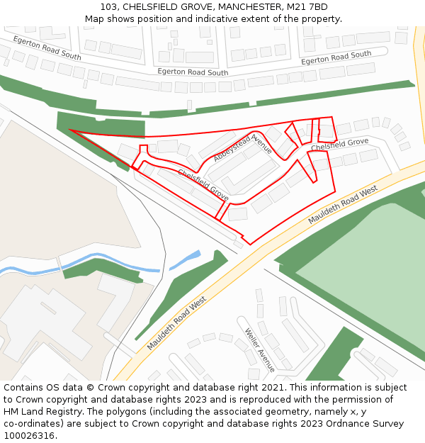 103, CHELSFIELD GROVE, MANCHESTER, M21 7BD: Location map and indicative extent of plot