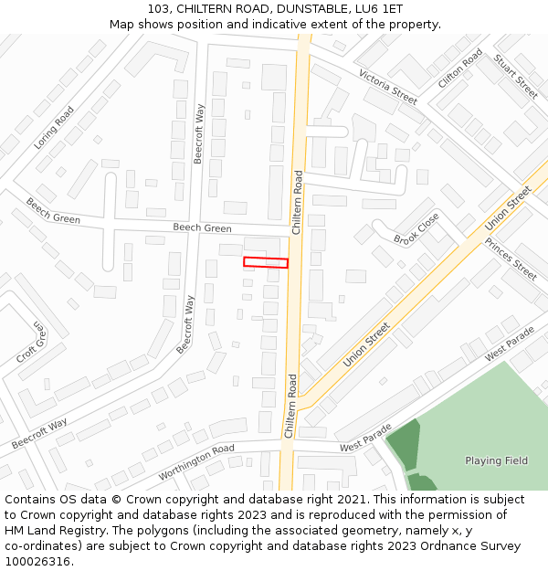 103, CHILTERN ROAD, DUNSTABLE, LU6 1ET: Location map and indicative extent of plot