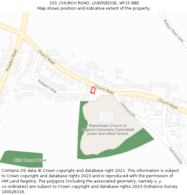 103, CHURCH ROAD, LIVERSEDGE, WF15 8BE: Location map and indicative extent of plot