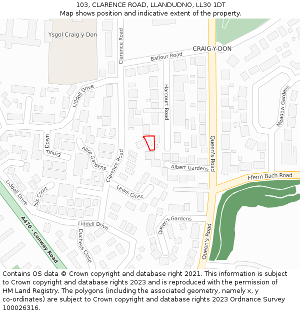 103, CLARENCE ROAD, LLANDUDNO, LL30 1DT: Location map and indicative extent of plot