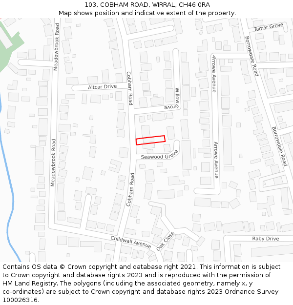 103, COBHAM ROAD, WIRRAL, CH46 0RA: Location map and indicative extent of plot