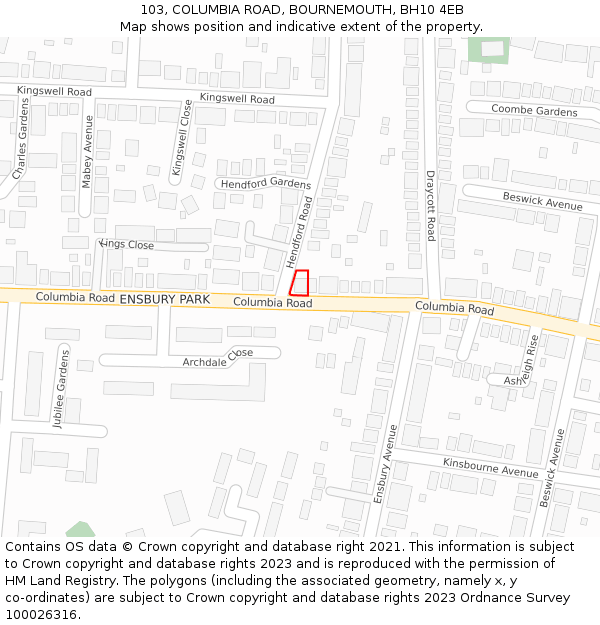 103, COLUMBIA ROAD, BOURNEMOUTH, BH10 4EB: Location map and indicative extent of plot