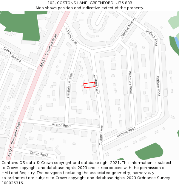 103, COSTONS LANE, GREENFORD, UB6 8RR: Location map and indicative extent of plot