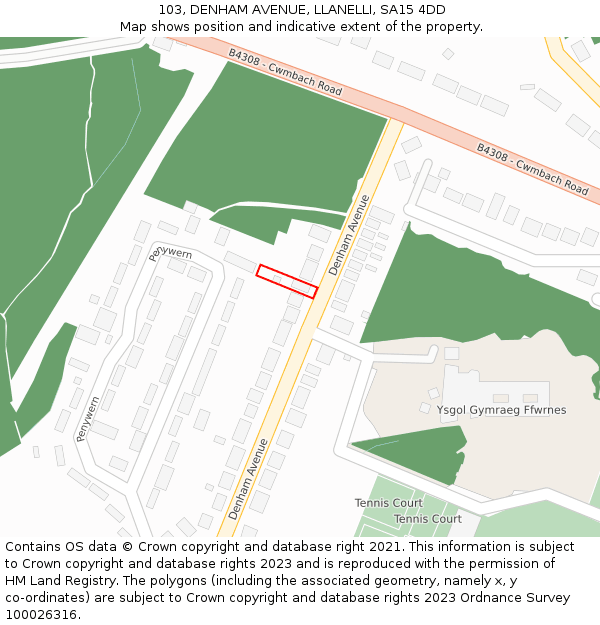 103, DENHAM AVENUE, LLANELLI, SA15 4DD: Location map and indicative extent of plot
