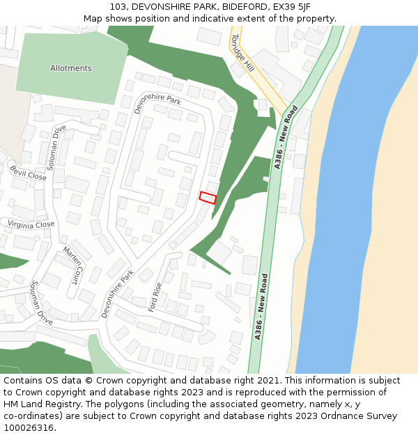 103, DEVONSHIRE PARK, BIDEFORD, EX39 5JF: Location map and indicative extent of plot