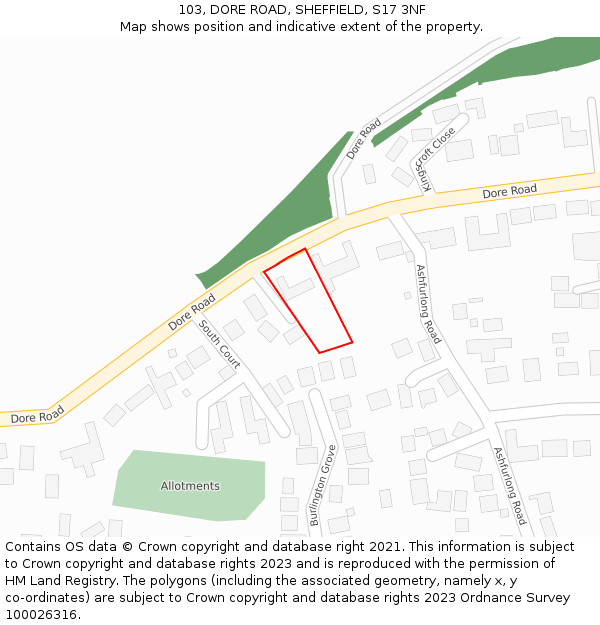 103, DORE ROAD, SHEFFIELD, S17 3NF: Location map and indicative extent of plot