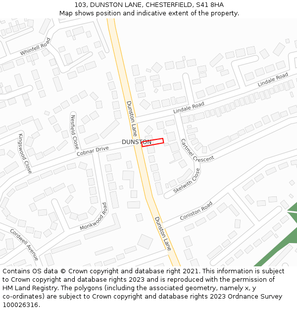 103, DUNSTON LANE, CHESTERFIELD, S41 8HA: Location map and indicative extent of plot