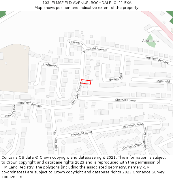 103, ELMSFIELD AVENUE, ROCHDALE, OL11 5XA: Location map and indicative extent of plot