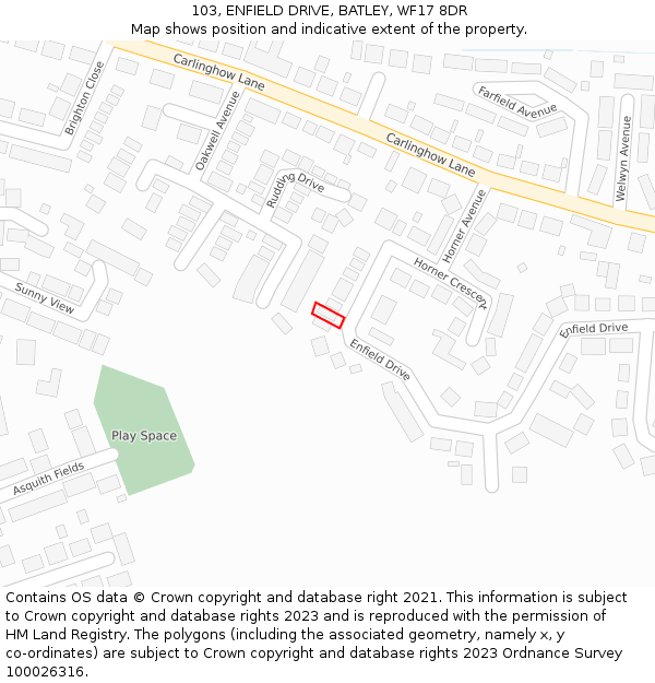 103, ENFIELD DRIVE, BATLEY, WF17 8DR: Location map and indicative extent of plot