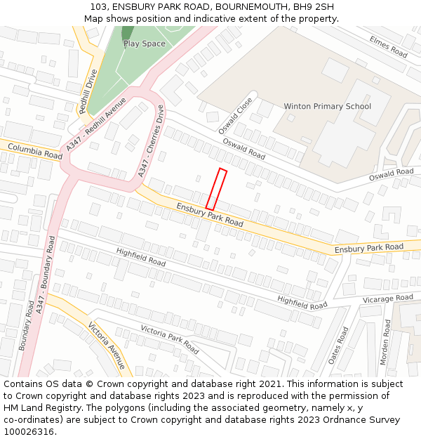 103, ENSBURY PARK ROAD, BOURNEMOUTH, BH9 2SH: Location map and indicative extent of plot