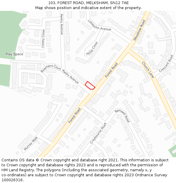 103, FOREST ROAD, MELKSHAM, SN12 7AE: Location map and indicative extent of plot