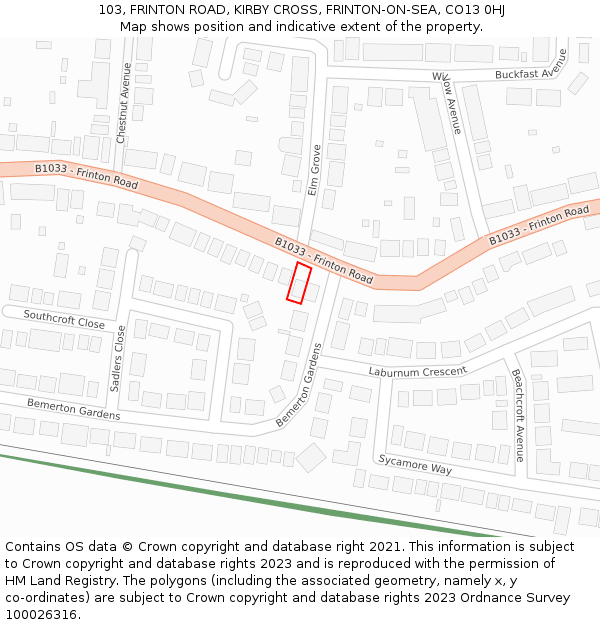 103, FRINTON ROAD, KIRBY CROSS, FRINTON-ON-SEA, CO13 0HJ: Location map and indicative extent of plot