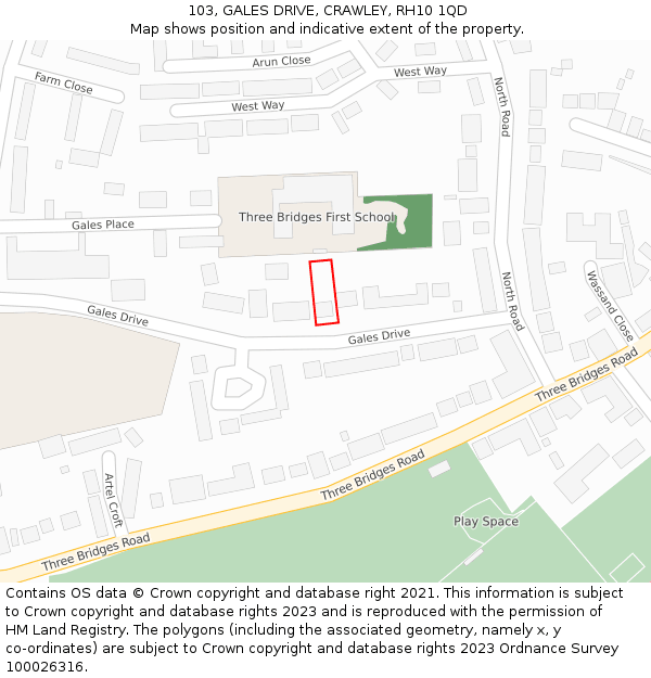 103, GALES DRIVE, CRAWLEY, RH10 1QD: Location map and indicative extent of plot