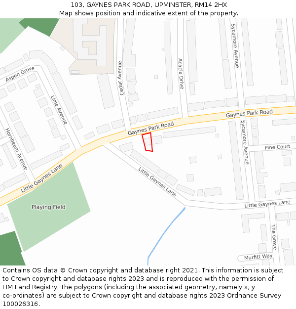 103, GAYNES PARK ROAD, UPMINSTER, RM14 2HX: Location map and indicative extent of plot