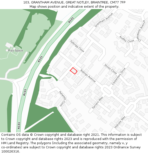 103, GRANTHAM AVENUE, GREAT NOTLEY, BRAINTREE, CM77 7FP: Location map and indicative extent of plot