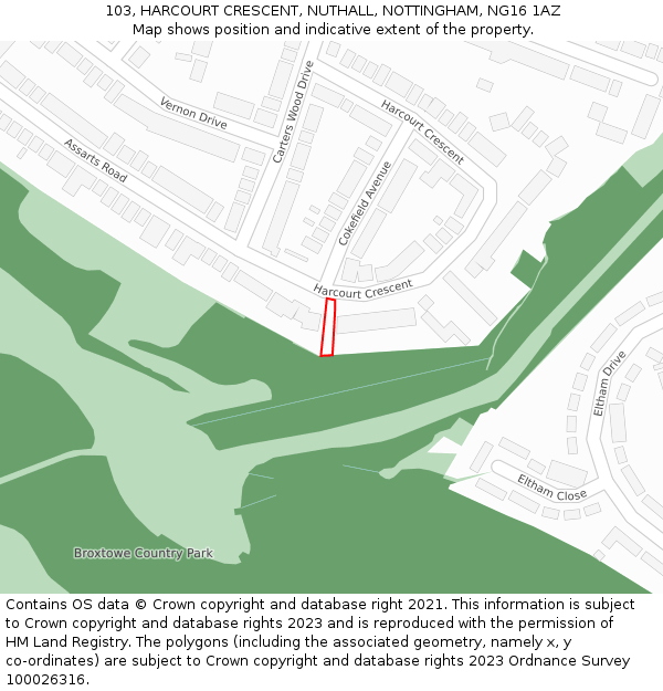 103, HARCOURT CRESCENT, NUTHALL, NOTTINGHAM, NG16 1AZ: Location map and indicative extent of plot