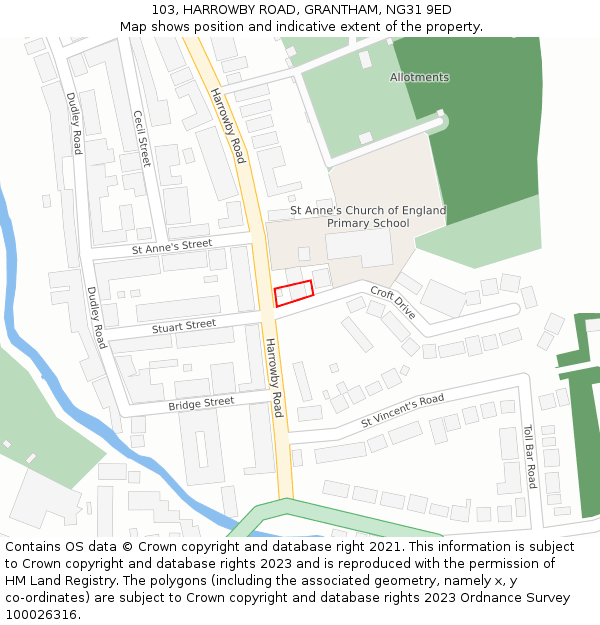 103, HARROWBY ROAD, GRANTHAM, NG31 9ED: Location map and indicative extent of plot