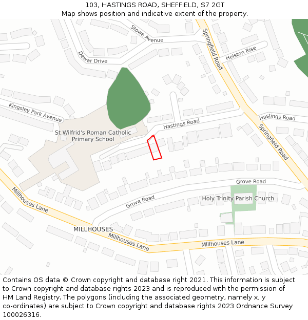 103, HASTINGS ROAD, SHEFFIELD, S7 2GT: Location map and indicative extent of plot