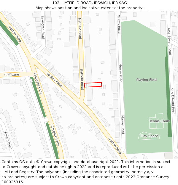 103, HATFIELD ROAD, IPSWICH, IP3 9AG: Location map and indicative extent of plot