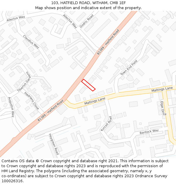 103, HATFIELD ROAD, WITHAM, CM8 1EF: Location map and indicative extent of plot