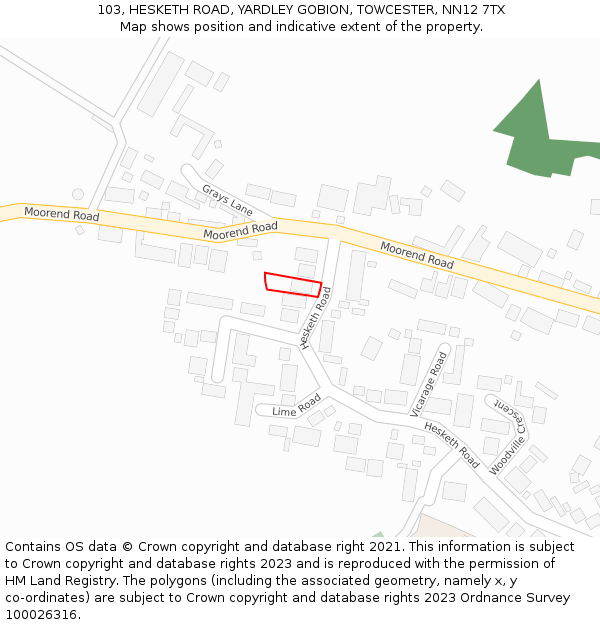 103, HESKETH ROAD, YARDLEY GOBION, TOWCESTER, NN12 7TX: Location map and indicative extent of plot