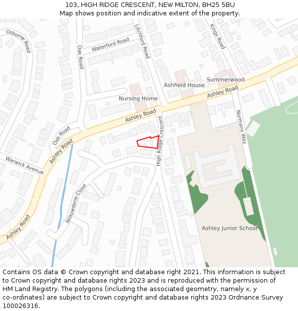 103, HIGH RIDGE CRESCENT, NEW MILTON, BH25 5BU: Location map and indicative extent of plot