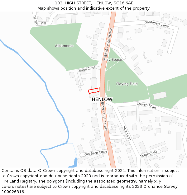 103, HIGH STREET, HENLOW, SG16 6AE: Location map and indicative extent of plot