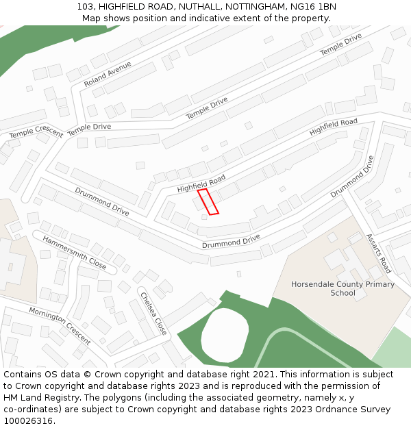103, HIGHFIELD ROAD, NUTHALL, NOTTINGHAM, NG16 1BN: Location map and indicative extent of plot