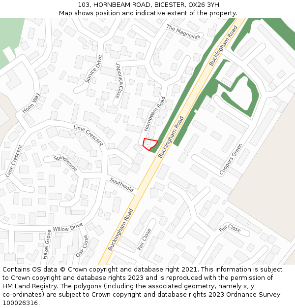 103, HORNBEAM ROAD, BICESTER, OX26 3YH: Location map and indicative extent of plot