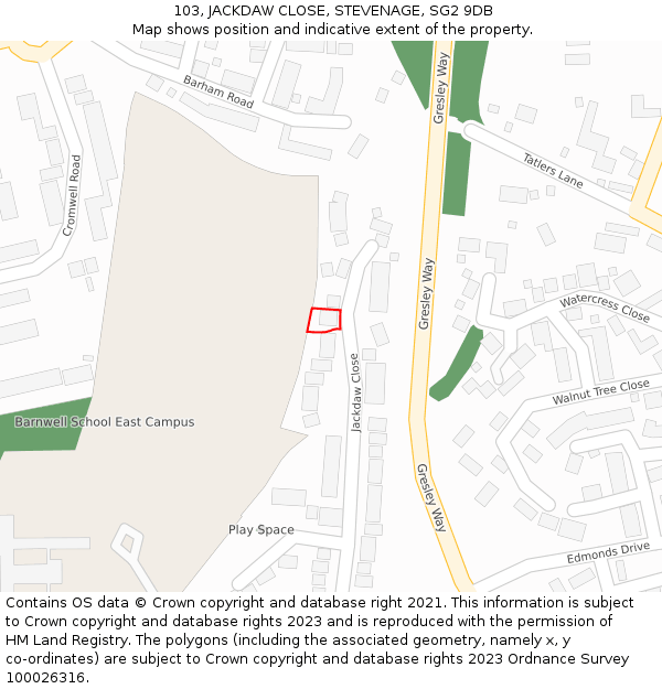 103, JACKDAW CLOSE, STEVENAGE, SG2 9DB: Location map and indicative extent of plot