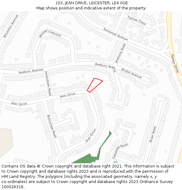 103, JEAN DRIVE, LEICESTER, LE4 0GE: Location map and indicative extent of plot