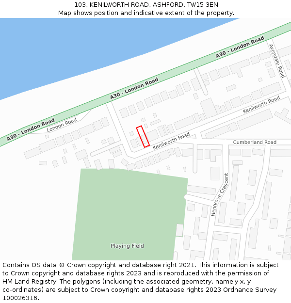 103, KENILWORTH ROAD, ASHFORD, TW15 3EN: Location map and indicative extent of plot